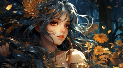 Canvas Print - A cute anime style illustration of a young woman with golden autumn leaves. Generative AI. 