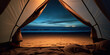 © dinastya - Lifestyle photography shot from inside of camping tent looking out at a beautiful desolate sandy beach at night ocean reflection, stars and sky. Summer camping on the beach.
