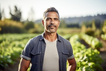 Wall Mural - Middle aged latin male farmer working on a farm field smiling portrait