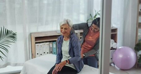 Wall Mural - Old woman, back pain or physiotherapy for senior patient with help in physical therapy rehabilitation. Elderly patient, chiropractor or physiotherapist massaging spine or muscle injury for healing