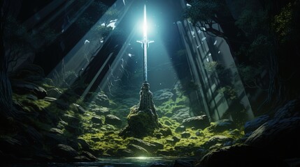 Wall Mural - Excalibur Sword In The Stone With Light Rays In a Dark Forest. Generative AI