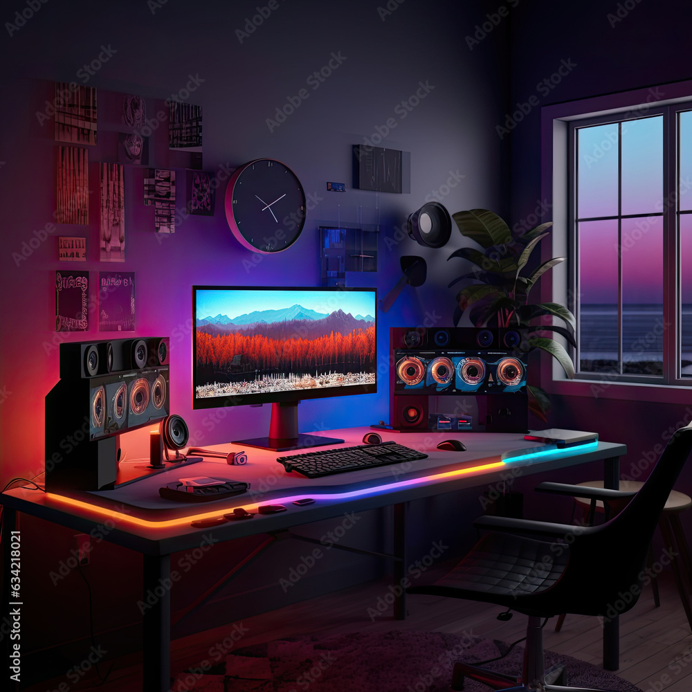 Set Up Computer Realistic Ultra Realistic Work Setup in a Room: Computer, Laptop, Smartphone ...
