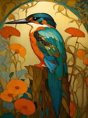 Decorative art nouveau illustration of a kingfisher in an ornate floral nature background