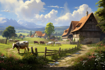 Wall Mural - Countryside Dawn Farmer's Morning Routine