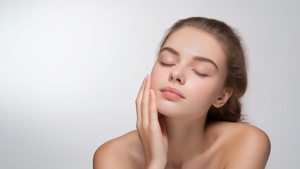 Portrait of a salon model with hand on face and clear skin with light grey background