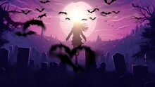Woman Flying Over Old Cemetery Creepy Full Moon Background Flying Bats. Video Background Halloween