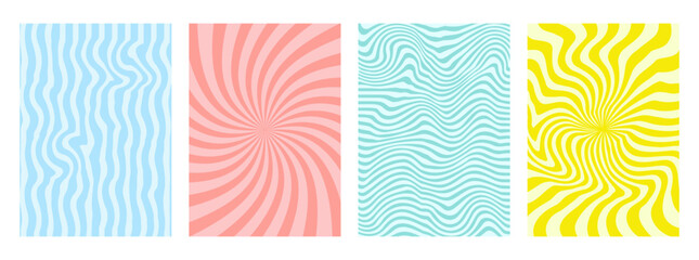 Poster - Set of abstract striped Groovy hippie 70s backgrounds. Waves, swirl, twirl pattern. Twisted and distorted vector texture in trendy retro psychedelic style. Y2k aesthetic Vector poster 