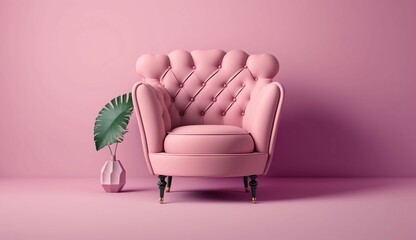 Wall Mural - pink tufted couch regal fancy white room front view Generative Ai