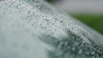 Wall Mural - Slow motion handheld shot of rain drops beading on hydrophobic car glass