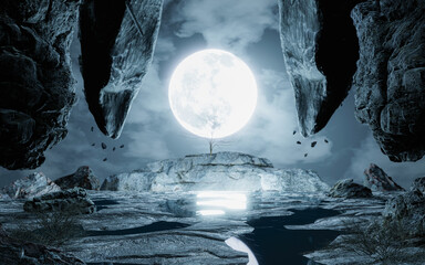 Wall Mural - full moon on a deserted area in fantasy style The lonely rocky mountain was desolate, with huge boulders floating in the air. There was water on the ground reflecting the moon. 3D Rendering