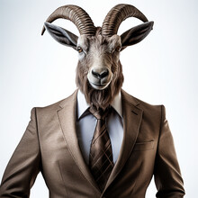 Alpine Ibex Goat Wearing A Suit Isolated On A White Background. Hyperealistic Anthropomorphic Animal Portrait. AI Rendered Image.