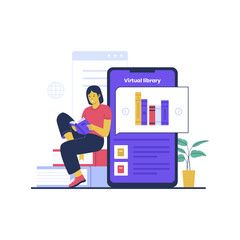 Wall Mural - Vector of virtual library concept. Flat vector illustration isolated on white background