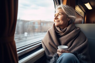 The psychology of accepting yourself, your individuality, body and age. Woman sits in warm clothes at the window and smiles. A middle-aged woman travels by train.