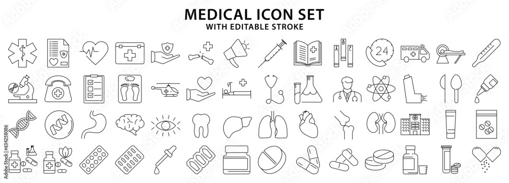 Medical icons. Set icon about medical. Medical line icons. Vector illustration. Editable stroke.