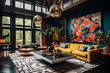 modern maximalist living room interior, eclectic