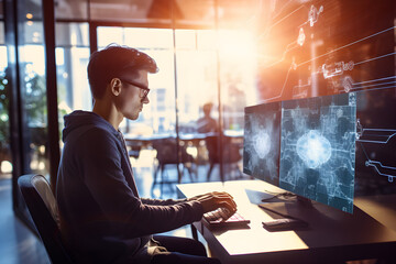 Young Artificial Intelligence Engineer Working on Computer in Technological Office. Specialist Writing Software Code for Innovative Big Data Blockchain Project