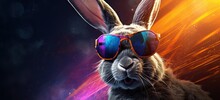 Playful Bunny With Funky Sunglasses And A Trendy Bow. Adorable And Stylish Rabbit With A Fashionable And Fun Summer Vibe. Concept Of Trendy And Fashionable Pet Fashion.