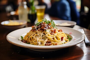 Wall Mural - Carbonara pasta, spaghetti with pancetta, egg, hard parmesan cheese and cream sauce. Traditional italian cuisine. Pasta alla carbonara