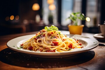 Wall Mural - Carbonara pasta, spaghetti with pancetta, egg, hard parmesan cheese and cream sauce. Traditional italian cuisine. Pasta alla carbonara