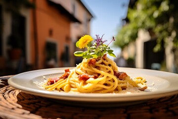 Wall Mural - Carbonara pasta, spaghetti with pancetta, egg, hard parmesan cheese and cream sauce. Traditional italian cuisine. Pasta alla carbonara