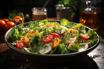 Fresh Garden Salad with Mixed Greens: A refreshing salad with a mix of crisp vegetables and tangy vinaigrette dressing.Generated with AI