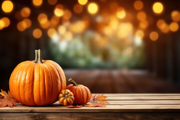 halloween, orange pumpkins on a wooden table on a bokeh glowing background, copy space