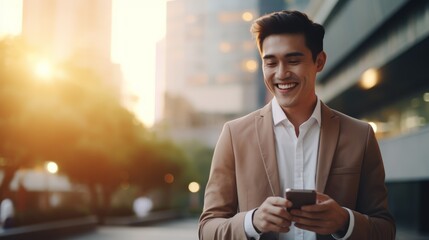 Businessman using smart to begins him productive day at a modern office, radiating positivity successful and motivation.