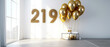  Number 219,two hundred nineteen followers,subscribers,219k with golden balloons in empty luxury white apartment.Balloons style font.  Background for social blog, likes network,Photo zone.Generative 