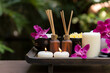 Thai spa massage. Spa treatment cosmetic beauty. Therapy aromatherapy for care body women with candles for relax wellness. Aroma and salt scrub setting ready healthy lifestyle, copy space