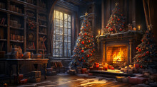 Stylish Interior Of Living Room With Fireplace Decorated Christmas Tree. Christmas Decoration.