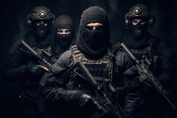 Group of masked soldiers with guns and masks on a dark background. Armed special forces group with shotguns on a Black background, face covered with masks, AI Generated