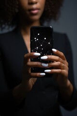 Wall Mural - hand with phone, social media and black woman in portrait for communication, networking or connection