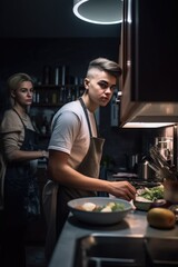 Canvas Print - shot of a young man cooking in the kitchen while his mother stands nearby