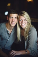 Wall Mural - a young couple sitting together and smiling at the camera