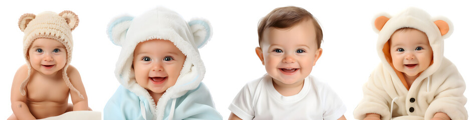four cute isolated smiling babies, toddler, cuddle, infant, transparent background, PNG, Generative AI