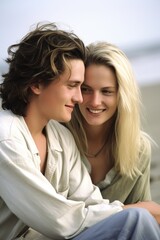 Wall Mural - an affectionate young couple sitting on the beach