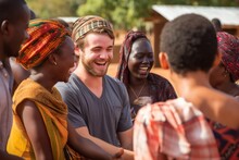 Travelers Interacting With Local People In A Small Village In Africa
