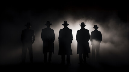 mafia black figures come out silhouettes from the night fog black and white photo