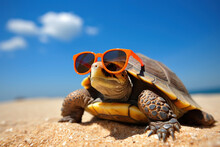 A Turtle Is On A Sandy Beach Wearing Sunglasses.