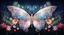  A Colorful Butterfly With Flowers And Swirls On A Black Background.  Generative Ai