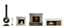 Burning Classic Fireplace Of White Marble. Isolated On White. Set Of Classic Fireplace Made Of Colored Bricks, Natural Stone, Gypsum, With A Natural Stone Inside, Bright Burning Flame.