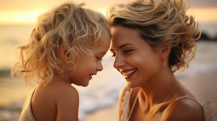 Wall Mural - Cool modern beautiful mother with child laughing and looking with each other at the beach with sunset. created by generative AI technology.