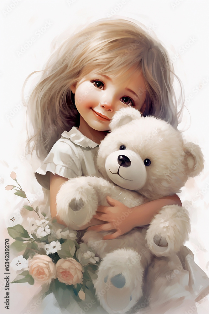 Stylized portrait of beautiful little girl with white teddy bear on a ...