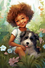 Stylized Portrait Of Happy Little African American Girl With Her Dog In The Meadow. Vertical Illustration For Children. Generative AI