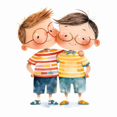 Wall Mural - Two cartoon little boys in glasses standing and hugging each other. Watercolor illustration, isolated on white background. Generative AI