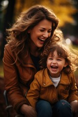 Wall Mural - Happy modern and beautiful mother, she laughing with her child. created by generative AI technology.