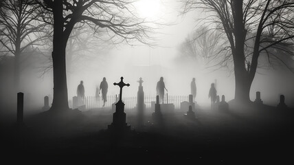 Wall Mural - fog and horror in the cemetery.