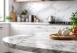 White marble texture table top on blurred kitchen background for montage or display your products