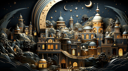 Wall Mural - golden arab palace greeting lights up at night fairy tale black background.