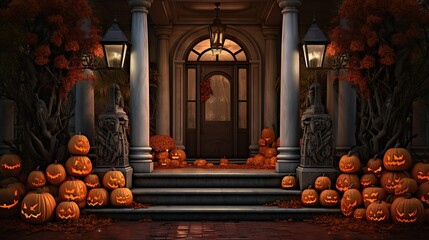 Canvas Print -  a bunch of pumpkins that are on the steps of a house.  generative ai